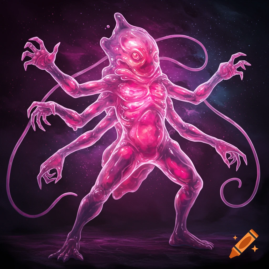 A multi-limbed pink slimy Plasmoid creature in space