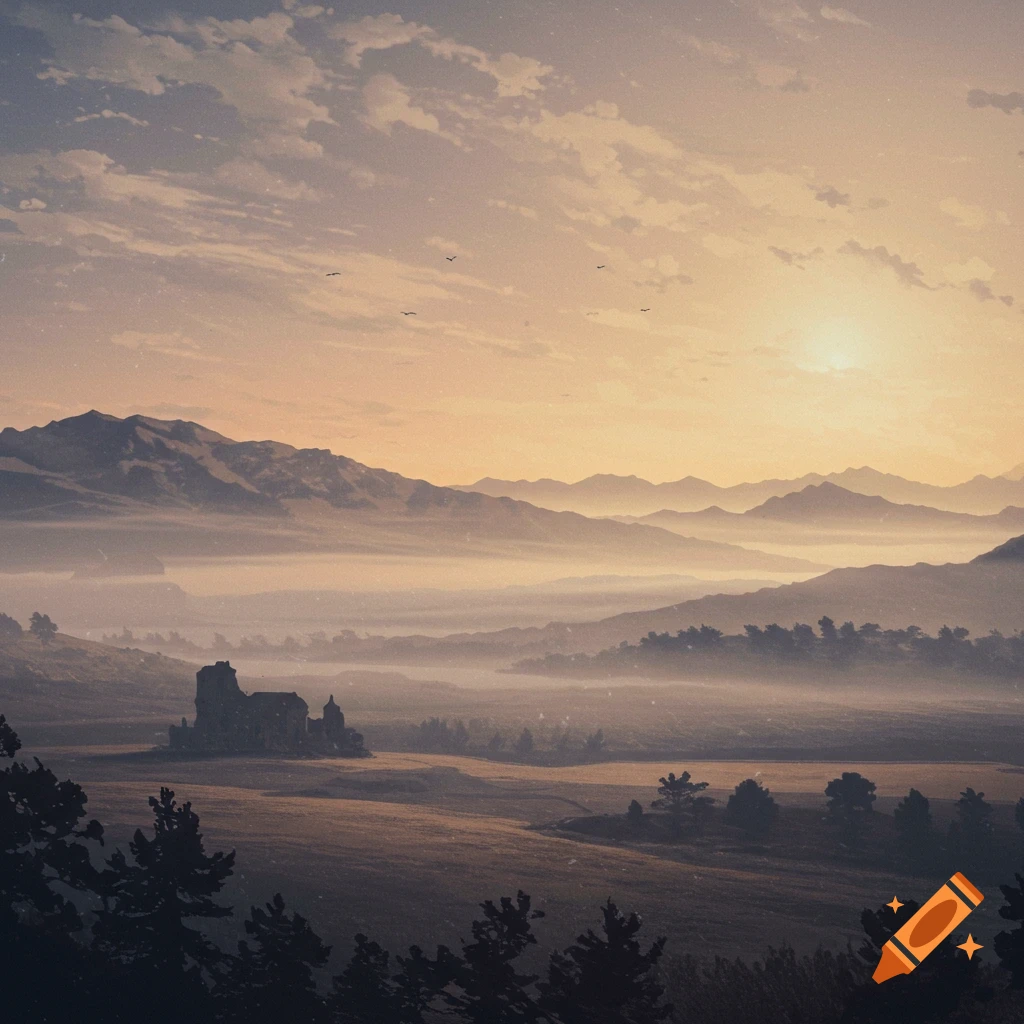 A painterly landscape showing sun over misty mountains and valleys with trees and a castle ruin in the foreground.