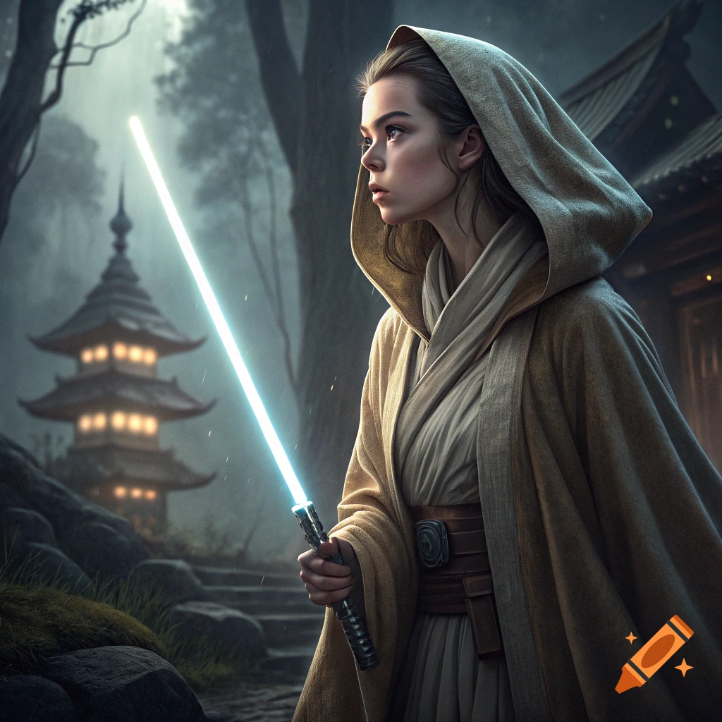 A woman in Jedi robes holds a lightsaber in a misty forest with a pagoda building.