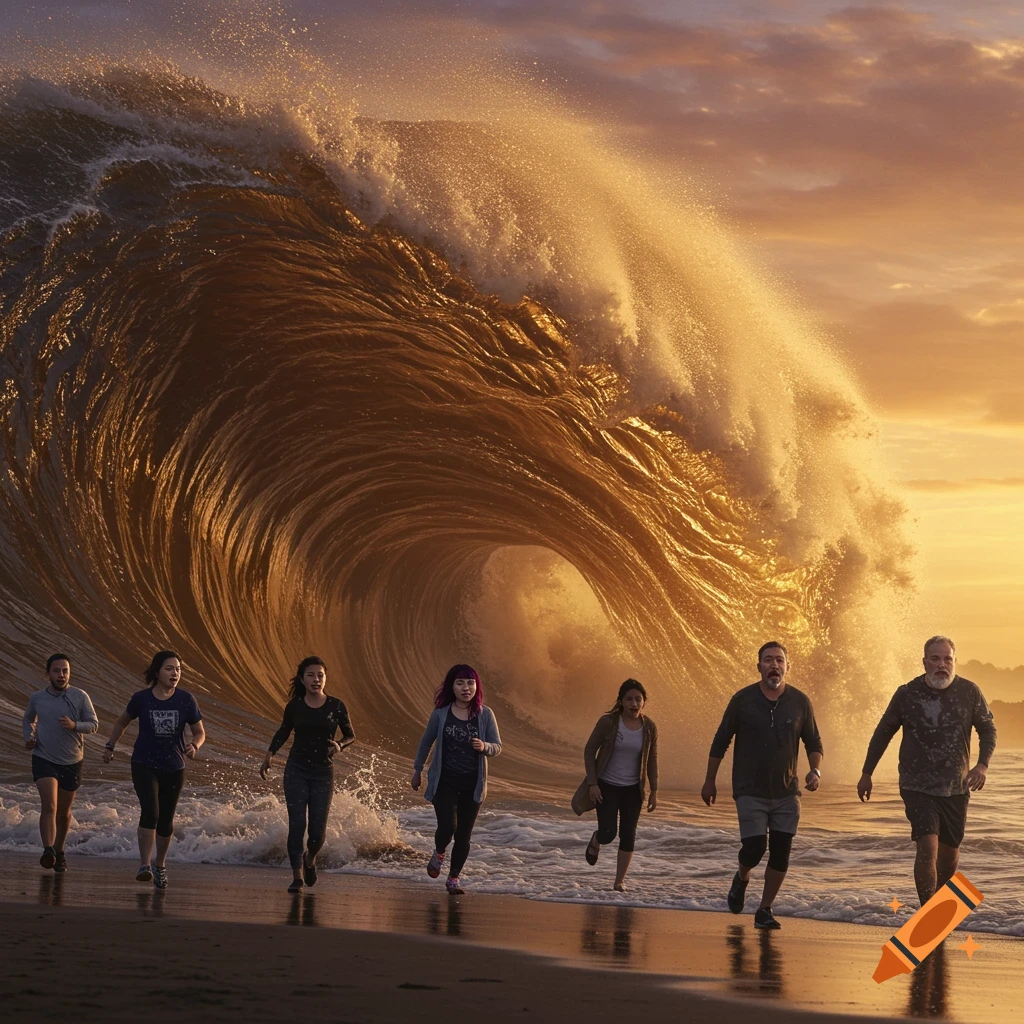 People run from a giant wave on a beach at sunset.