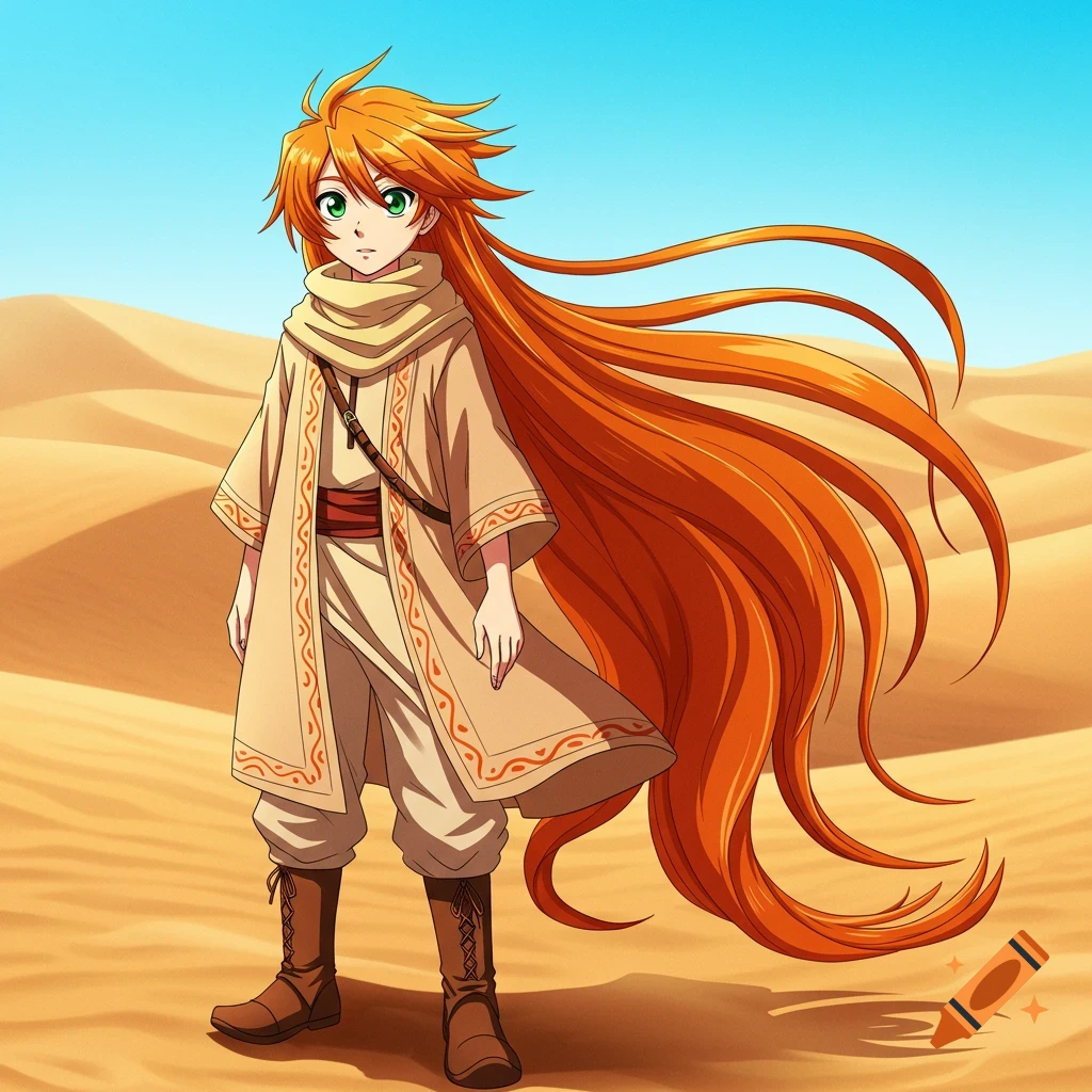 Anime boy with long orange hair and green eyes in desert clothes stands in a desert.