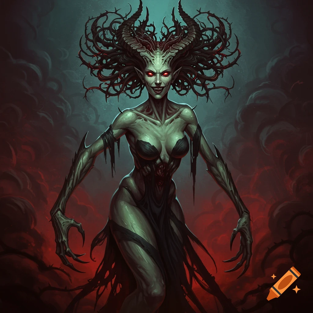 A grotesque demonic creature with glowing red eyes and horns in a dark, smoky setting.