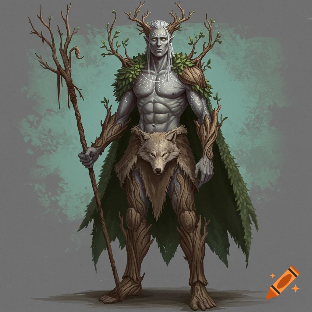 A muscular fantasy character made of wood and leaves, with antlers and white hair, holds a staff and wears a wolf pelt.