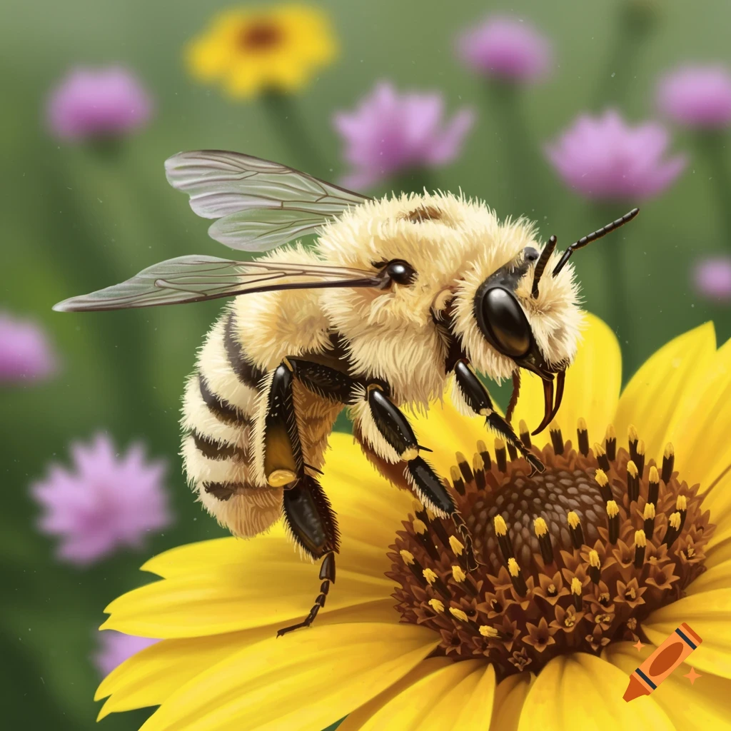 A fuzzy bee perches on a yellow sunflower.
