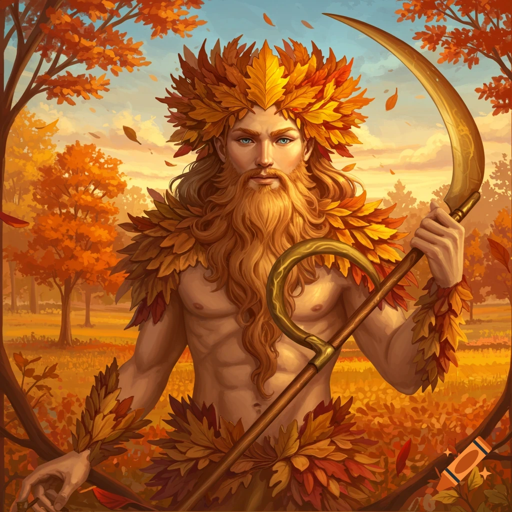 A god-like figure with a leaf crown and beard holding a scythe in an autumn forest.