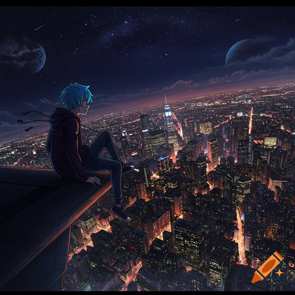 Anime boy sits on a skyscraper ledge overlooking a city at night under a starry sky.