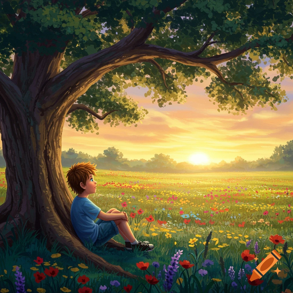 A boy sits under a tree, looking at a flower field at sunset.