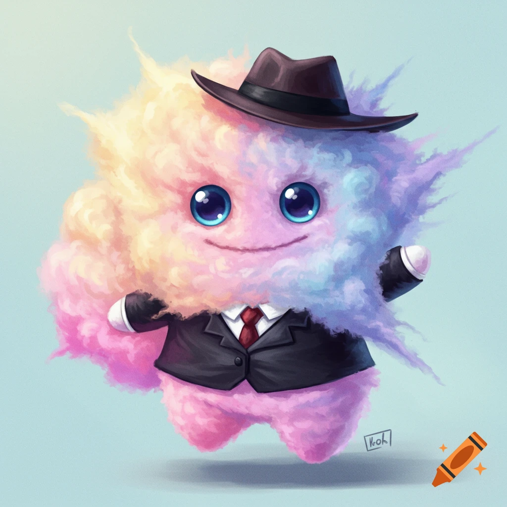 Colorful fluffy fantasy creature in a suit and hat