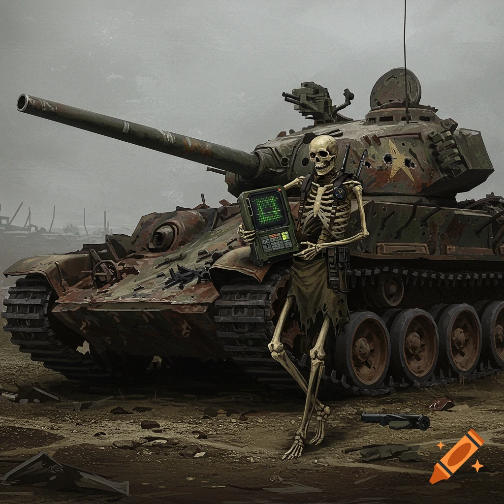 A skeleton holding a device next to a destroyed tank in a desolate landscape.