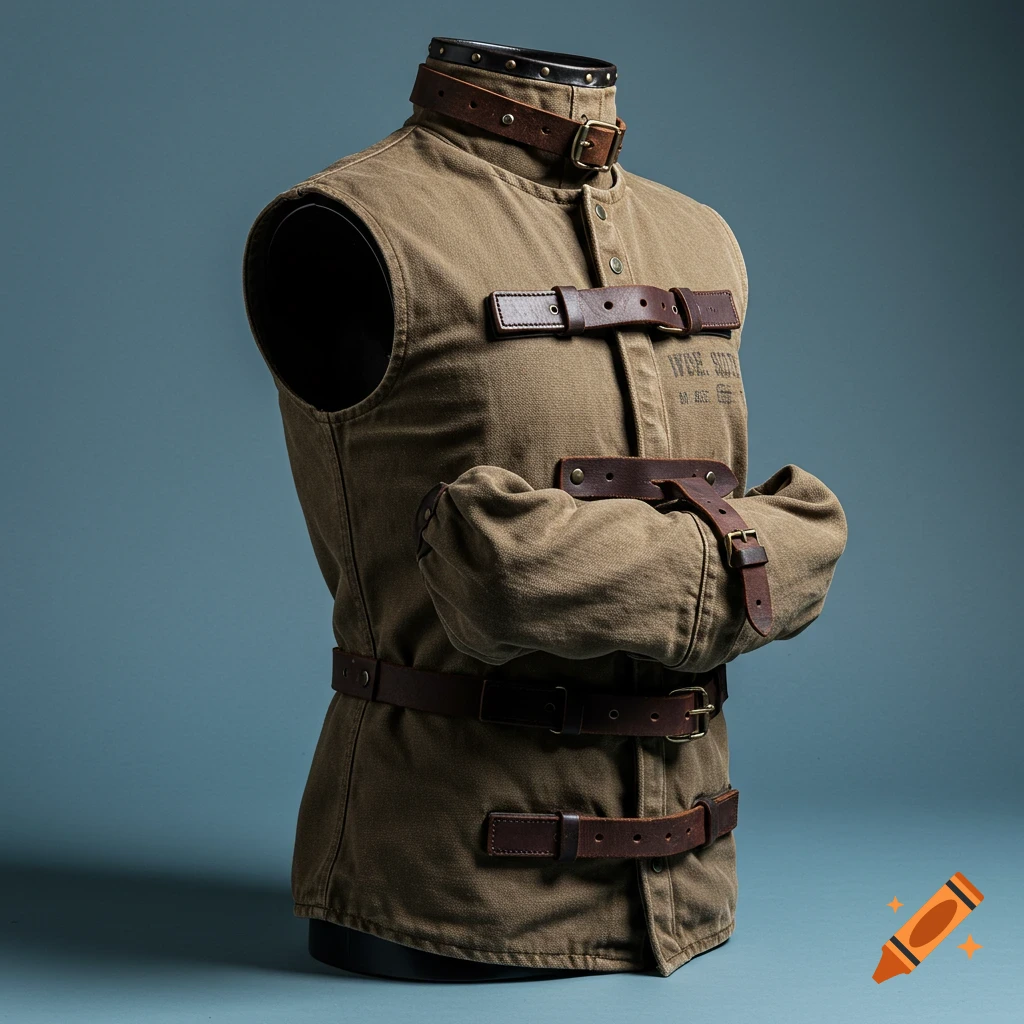 A brown canvas straitjacket with leather straps on a mannequin