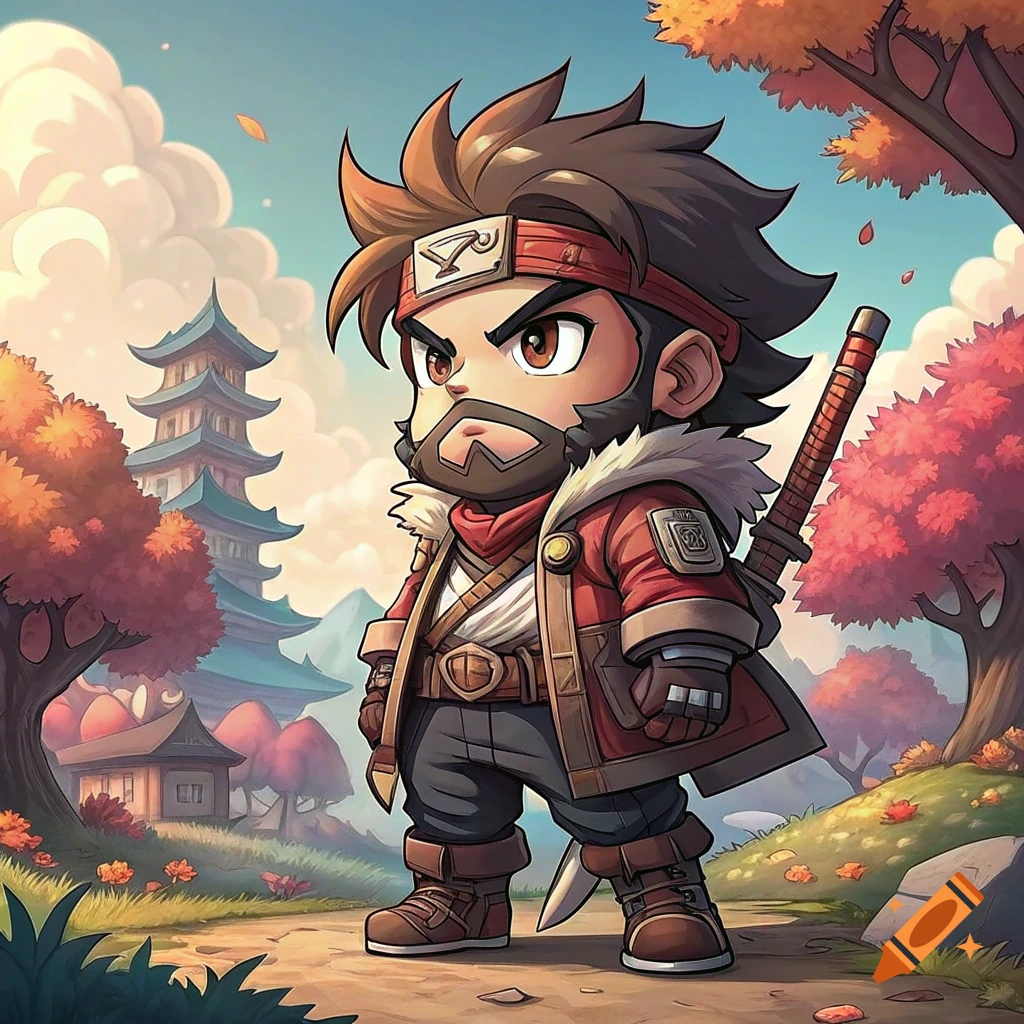 Chibi-style character in red jacket with sword stands near pagoda and red trees