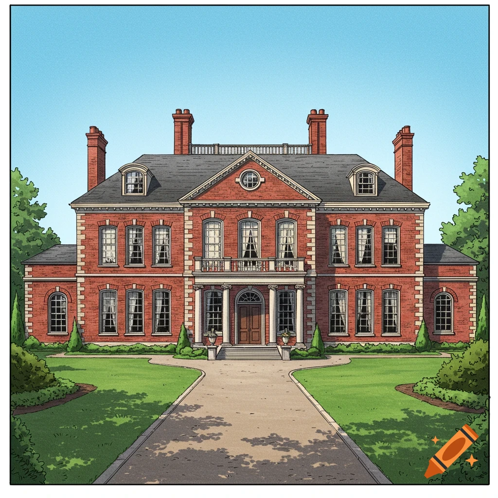 An illustrated brick mansion with a driveway and garden.