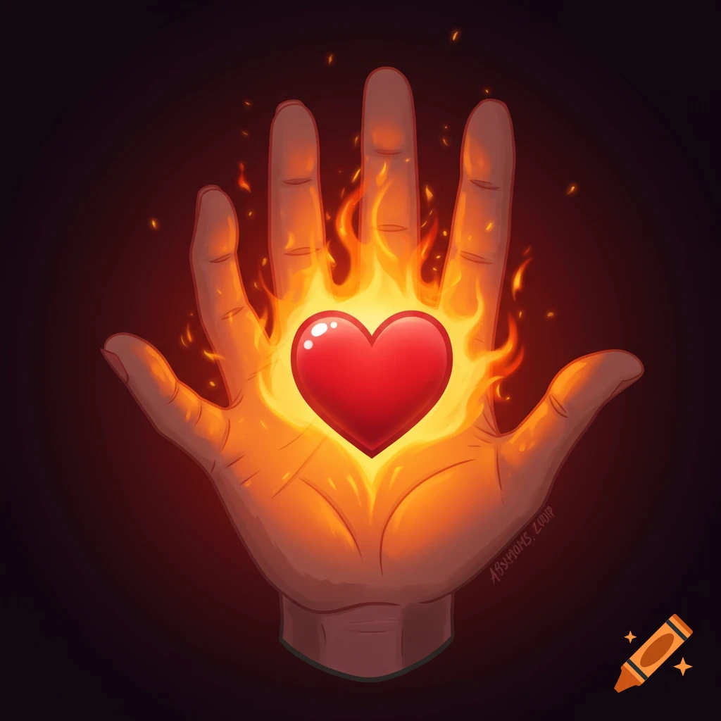 Digital art of an open hand holding a flaming red heart