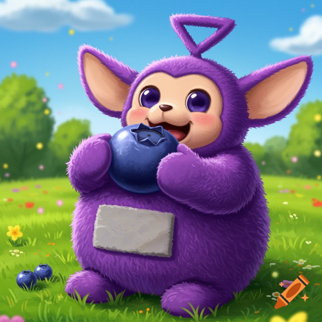 Purple cartoon character eats a large blueberry in a field with flowers.