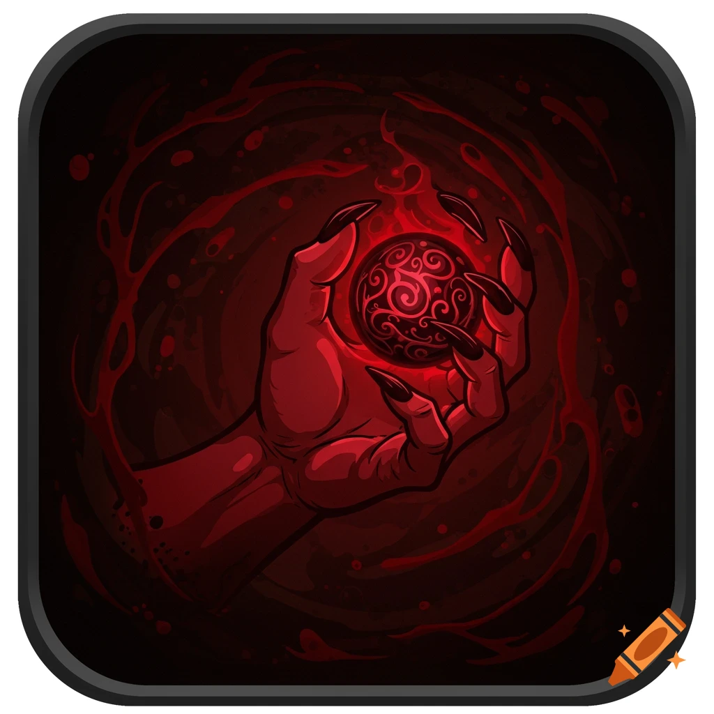 A red hand with claws holds a dark glowing orb, surrounded by red energy effects in a dark fantasy style.