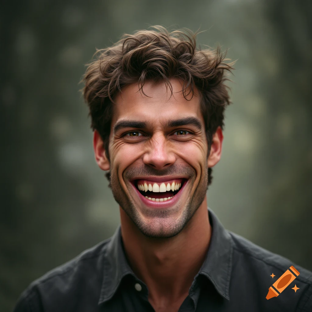 photorealistic portrait of a man with a wide smile showing teeth