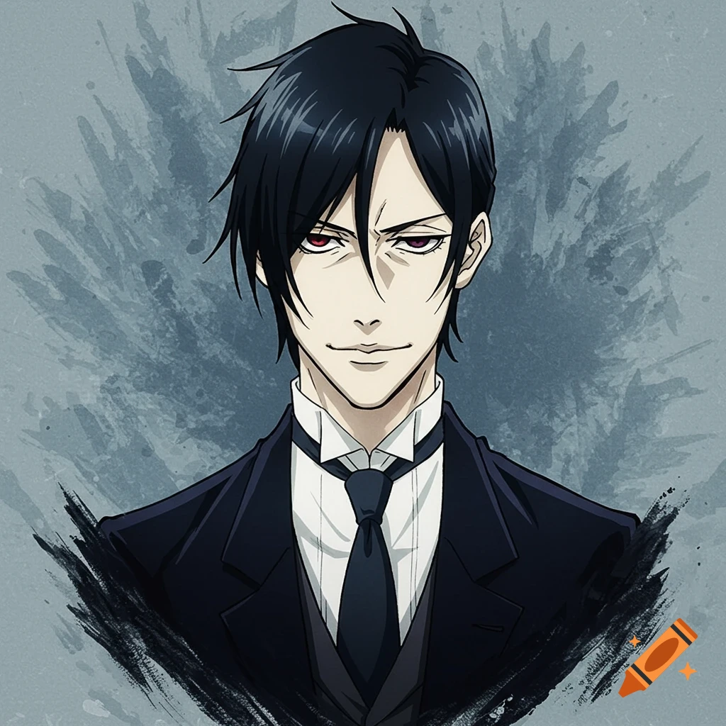 Anime portrait of a man in a suit against a textured background.