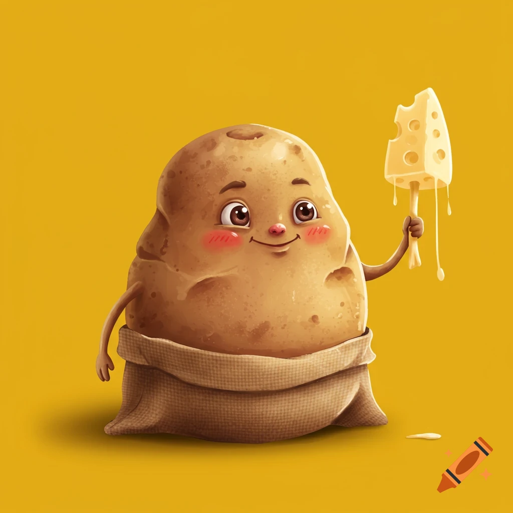 A cartoon potato character holding a piece of string cheese.
