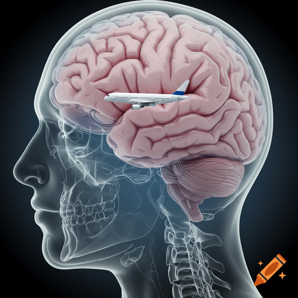 Side view x-ray style image of a head showing the brain with an airplane inside.