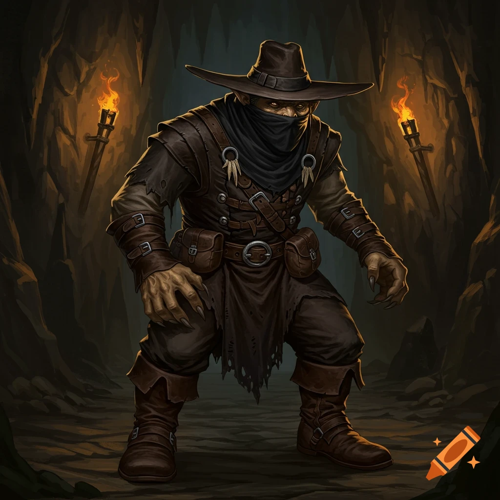A fantasy bugbear creature wearing leather armor and a black face mask stands in a torchlit cave.