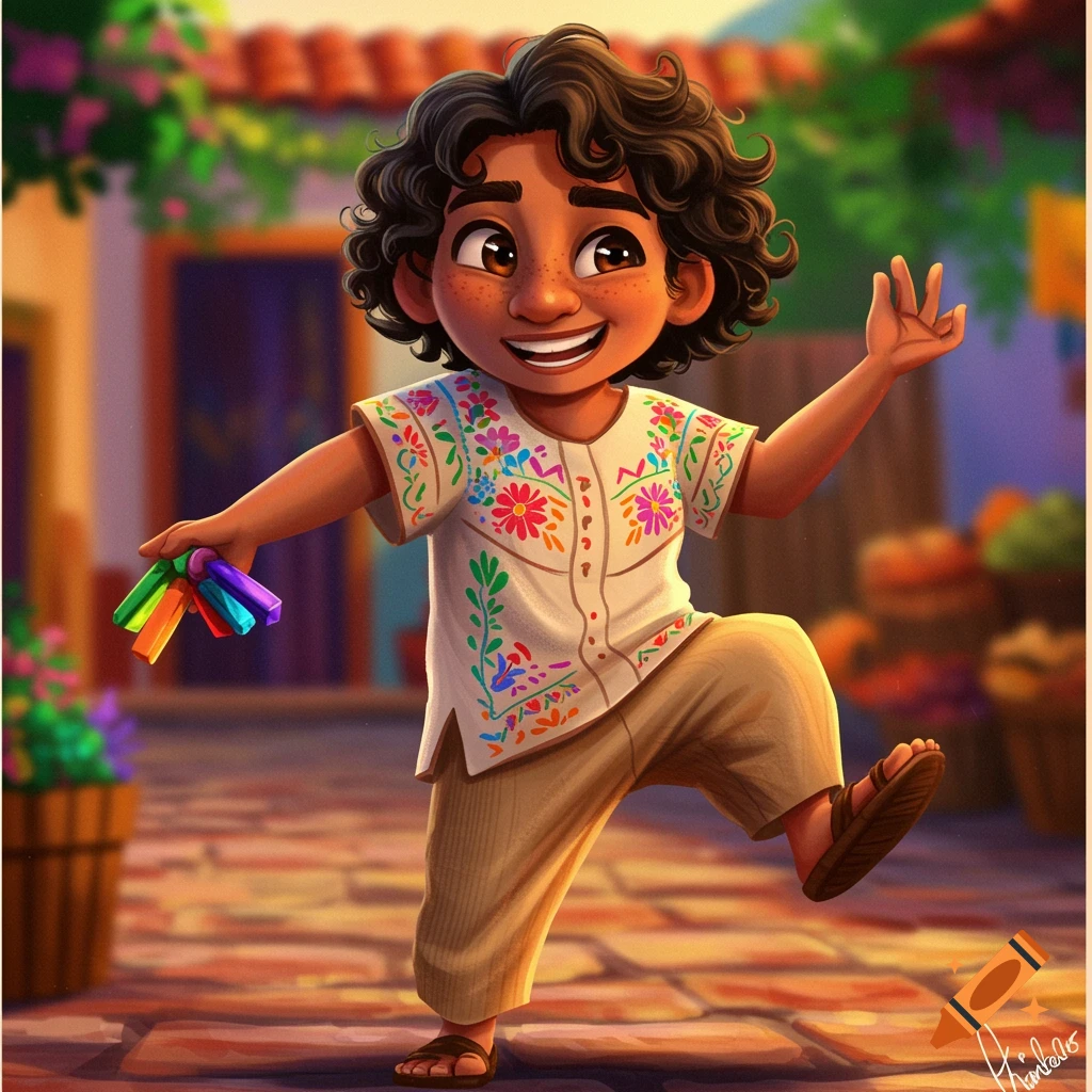A cheerful young boy is dancing and holding colorful objects.