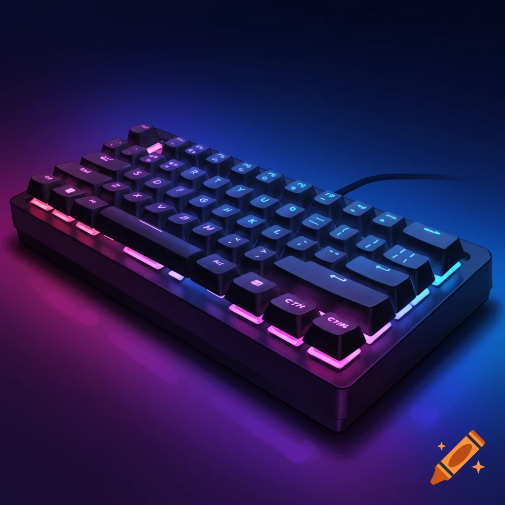 A backlit computer keyboard with pink and blue lighting