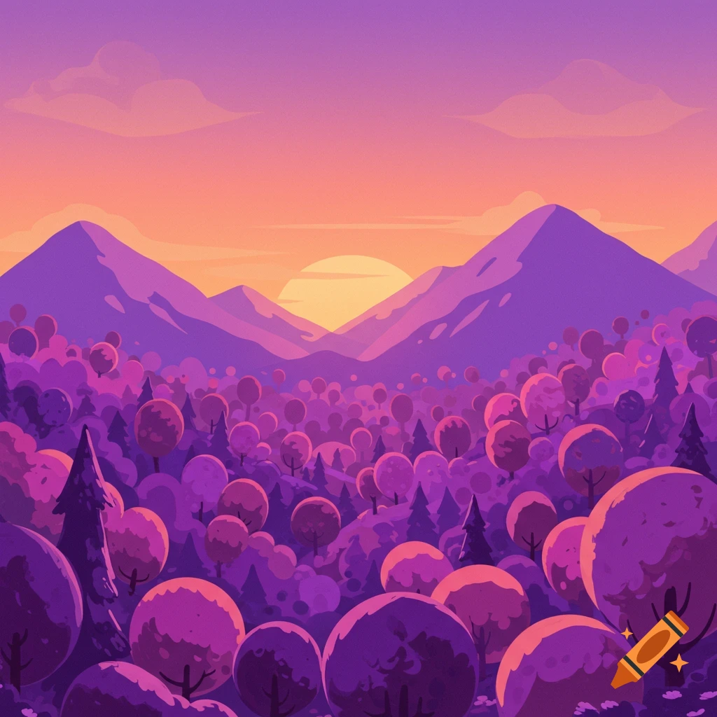 Stylized purple mountain landscape at sunset with many trees.