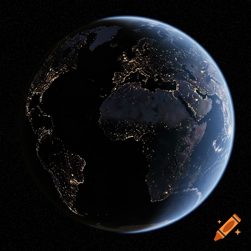 Planet Earth viewed from space at night, showing city lights.