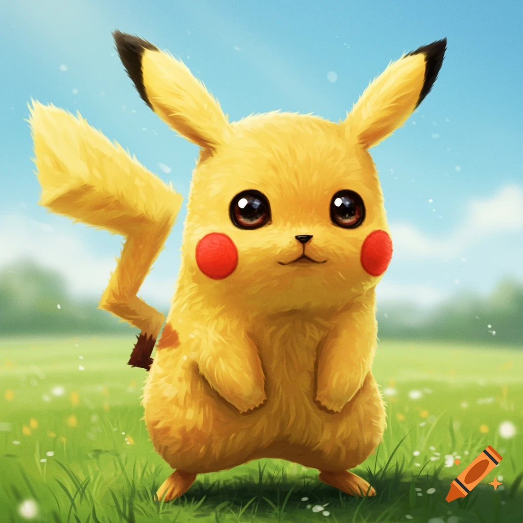 A realistic depiction of Pikachu standing in a grassy field under a blue sky.