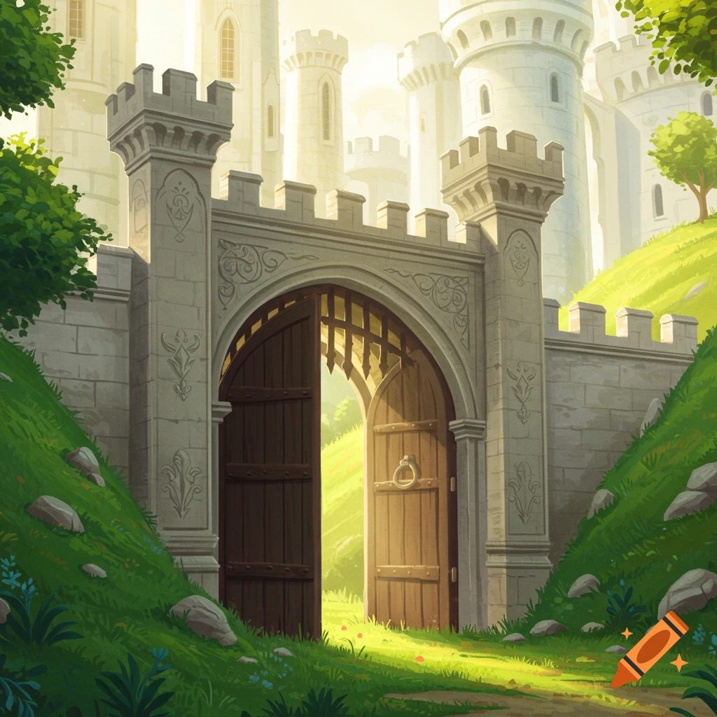A large wooden castle gate opens onto a grassy hill, bathed in sunlight, in a fairytale style.