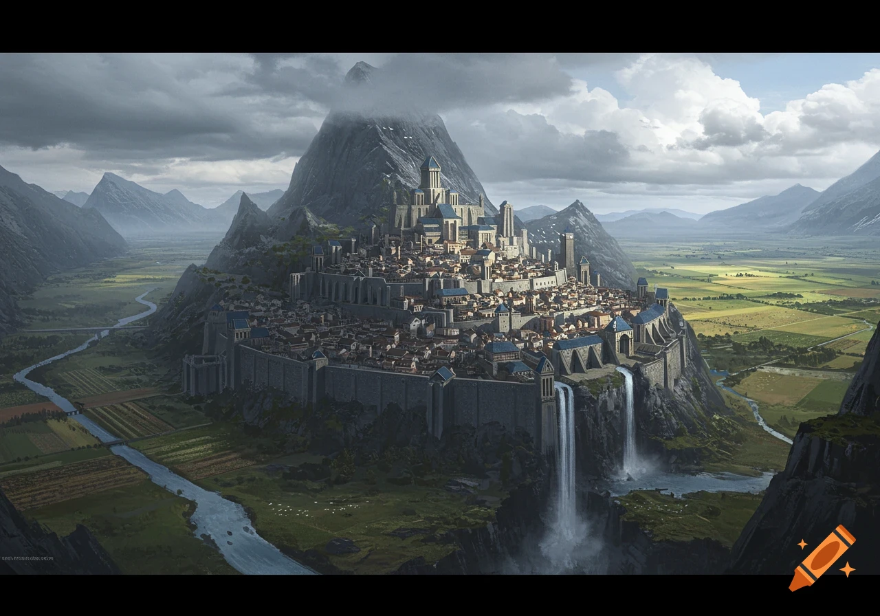 A fantasy city built into a mountain overlooking a valley, with waterfalls cascading down cliffs.