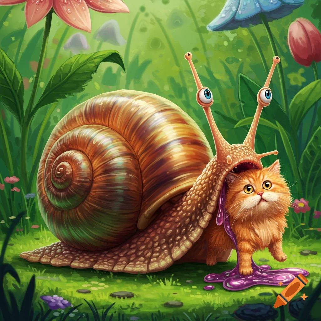 A cartoon snail eating an orange cat in a fantasy garden.