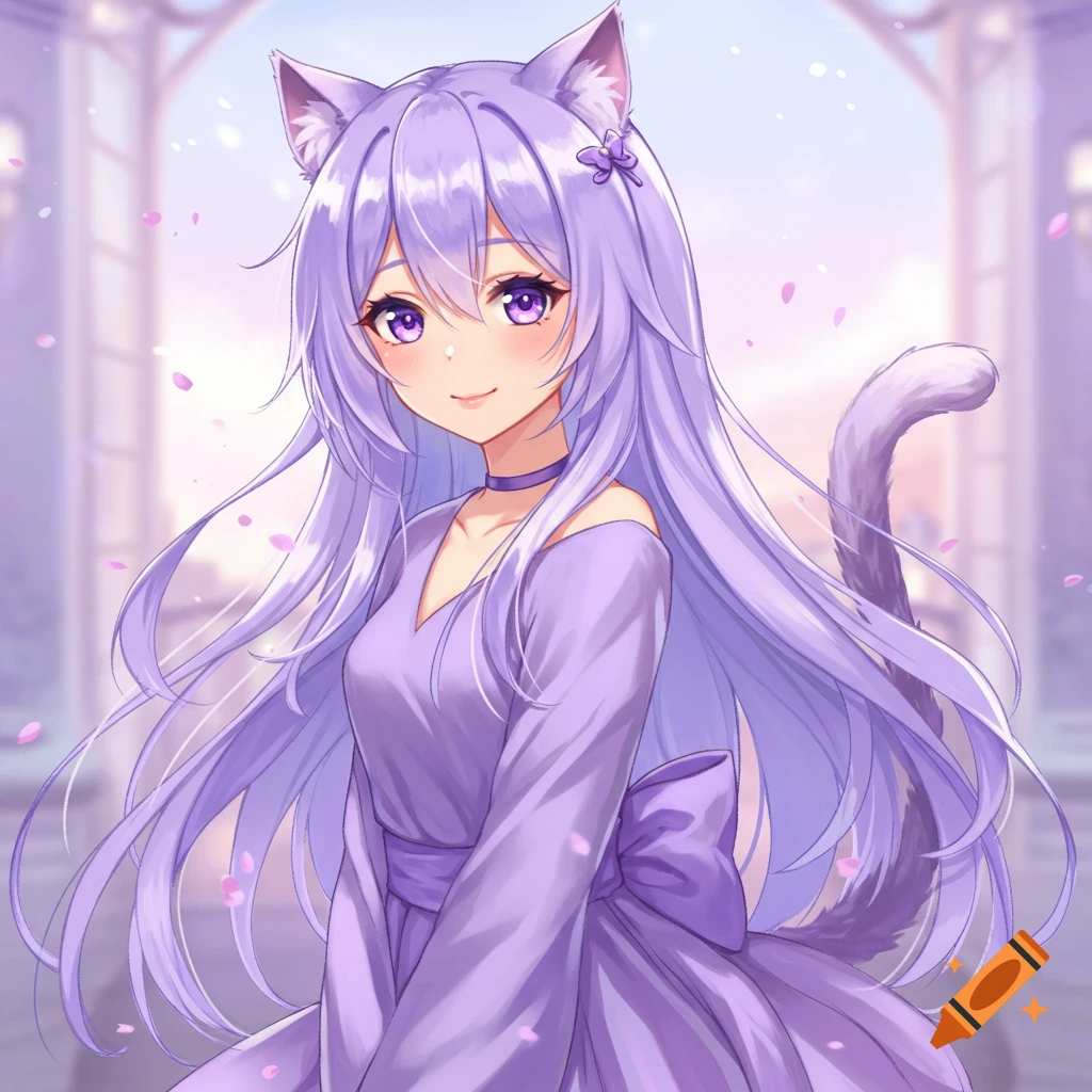 Anime cat girl with long purple hair and cat ears wearing a lavender dress, standing in an outdoor setting with arched structures.