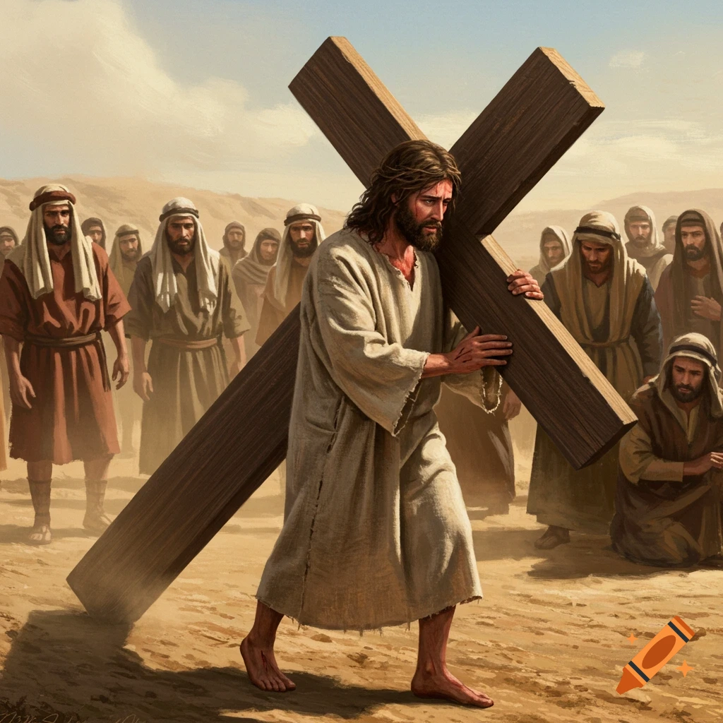Jesus Christ carrying a heavy wooden cross through a crowded desert scene.