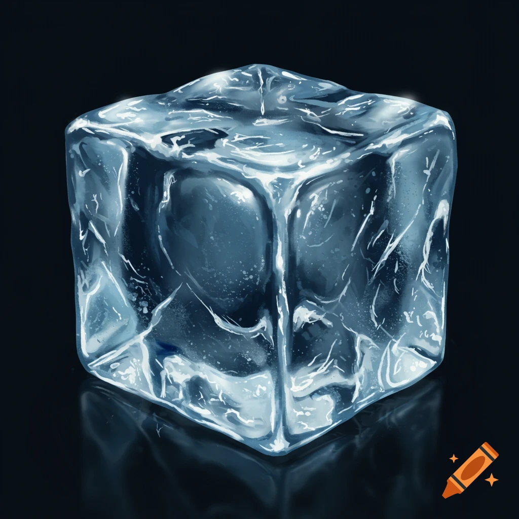 A detailed ice cube sits on a dark background, displaying a reflection.