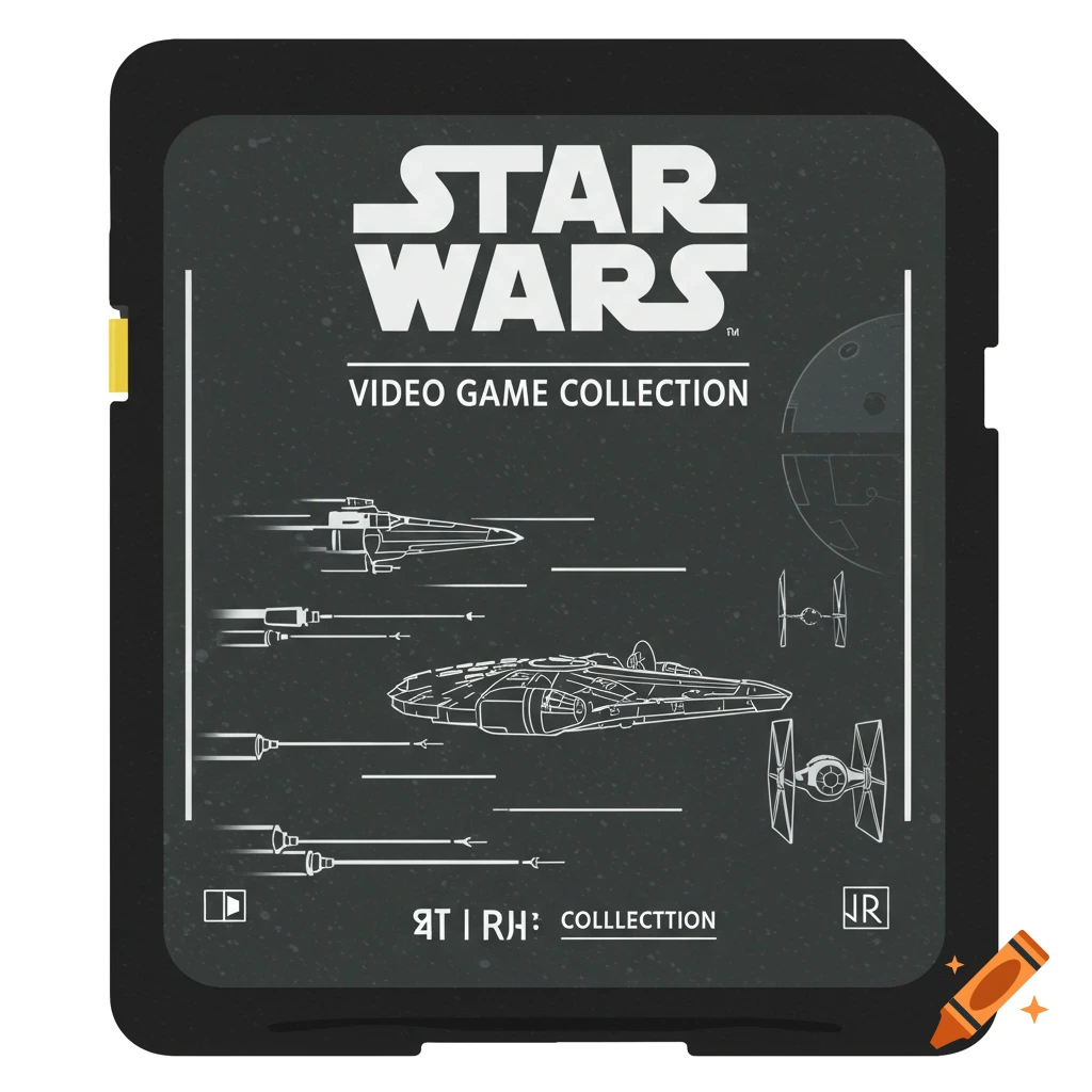 Star Wars video game collection SD card label with line art illustrations of X-wing, Millennium Falcon, and TIE Fighter ships.