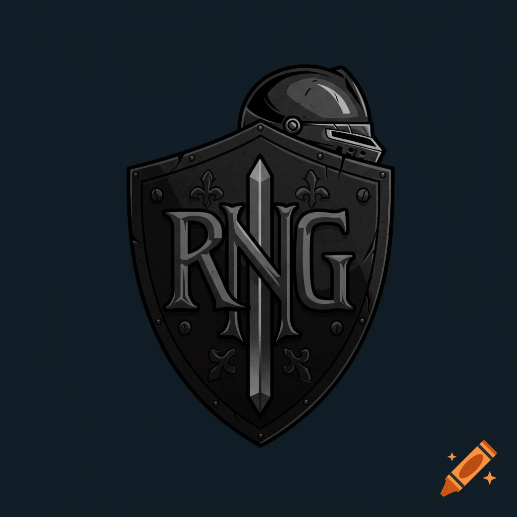 Dark medieval shield logo with RNG text, sword, and helmet.