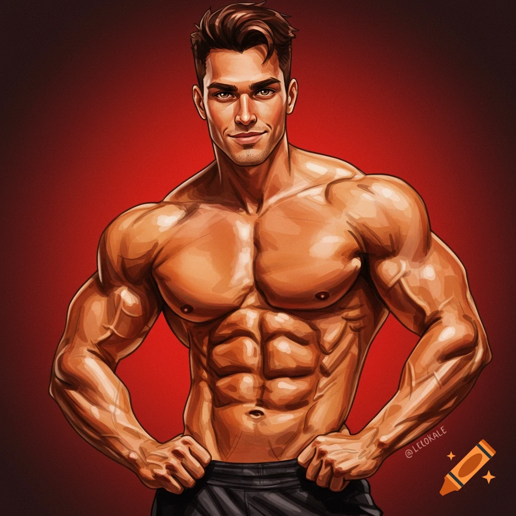 A muscular man with defined abs and pecs poses against a red background.