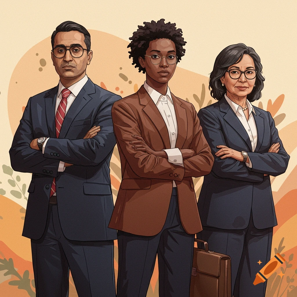 An illustration of three diverse professionals in business suits standing with arms crossed against a decorative background.