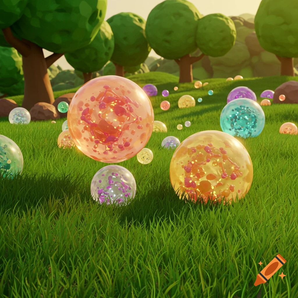 Colorful translucent spheres on green grass with trees
