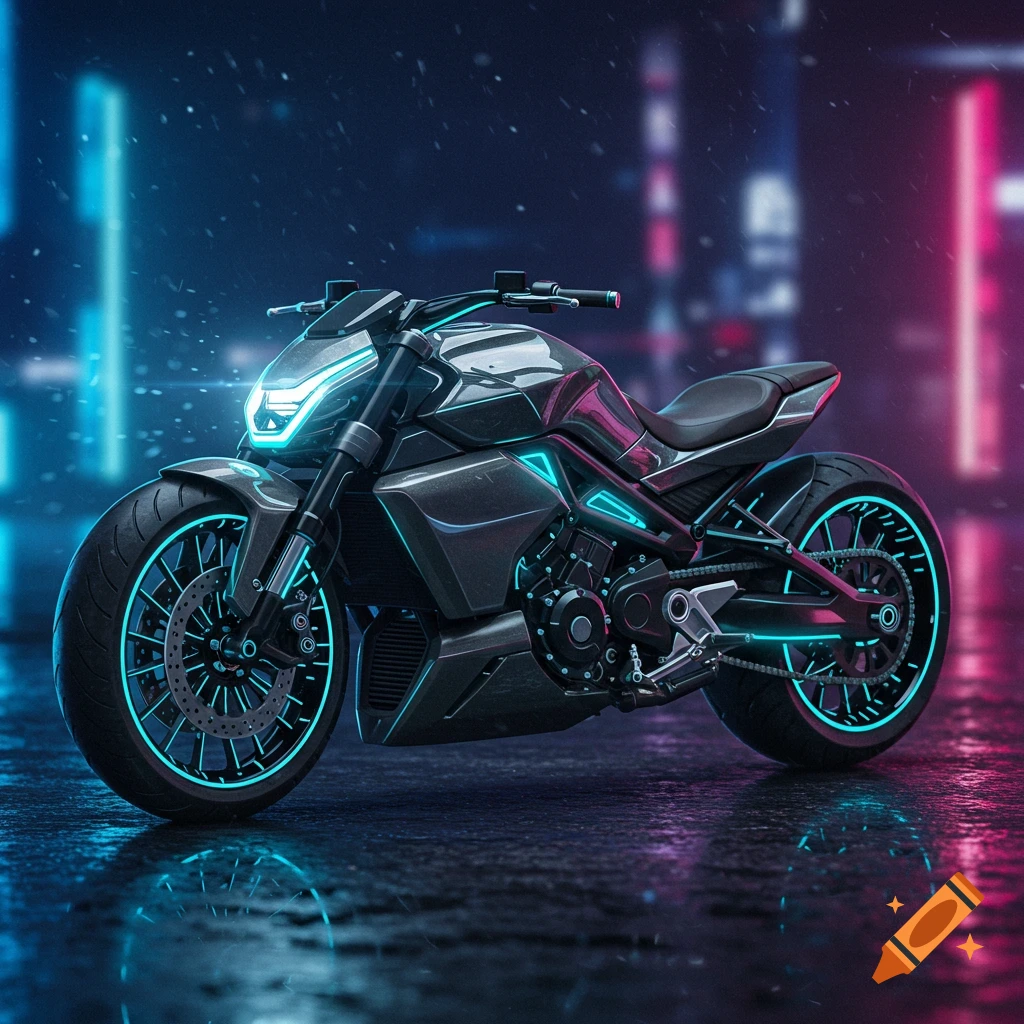 A futuristic cruiser motorcycle with glowing blue neon accents sits on a wet surface in a dark, neon-lit city street.