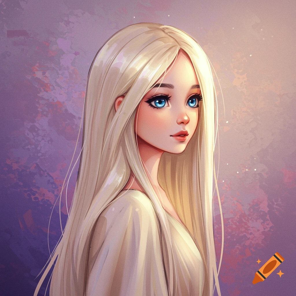 A stylized image of a young girl with long blonde hair and blue eyes looking to the side.