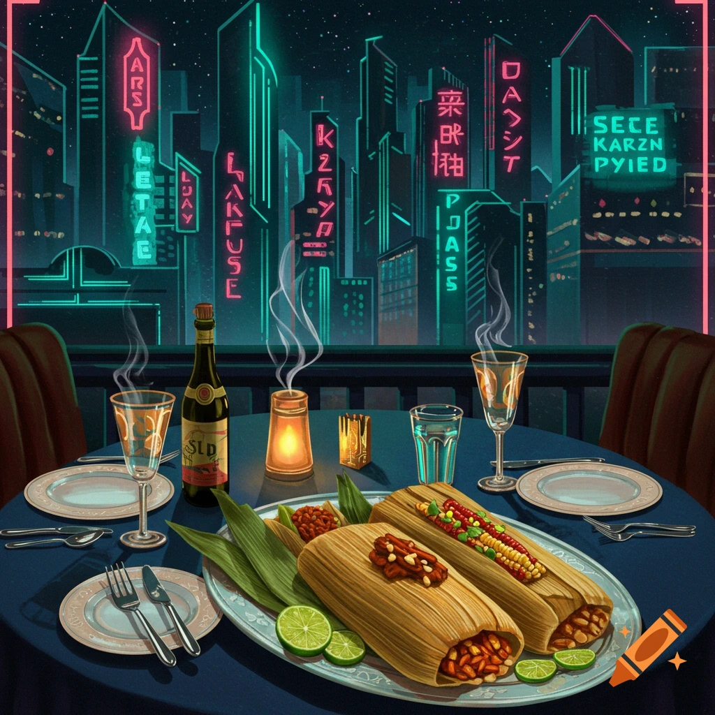 Art deco style image of tamales on a table overlooking a neon cyberpunk city at night.