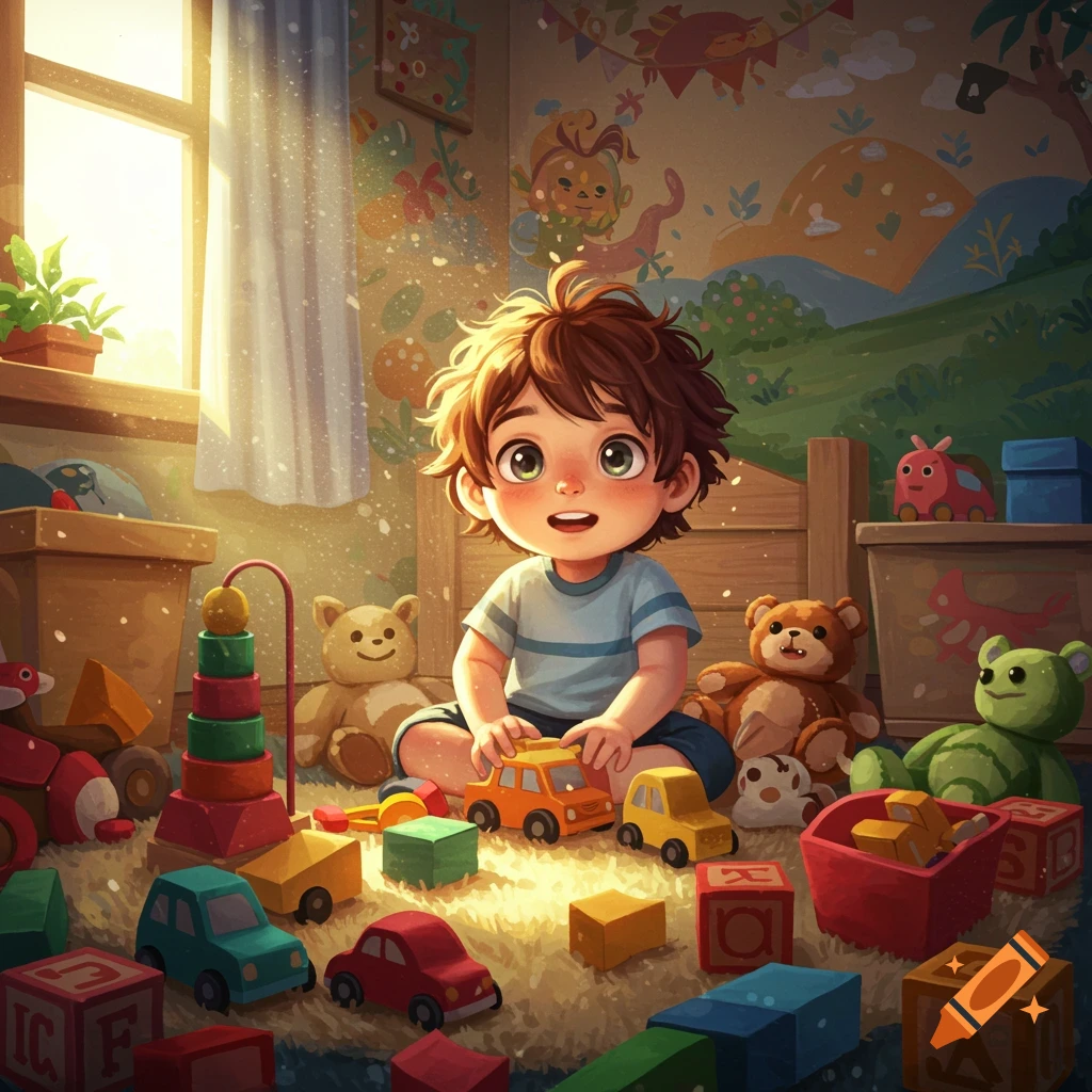 A whimsical, childlike style depicting a young boy playing with toys in his bedroom.