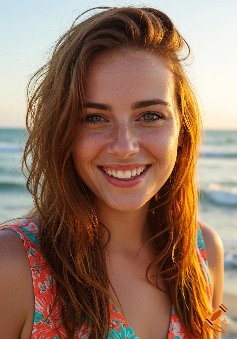 Closeup portrait of a smiling young woman on a sunny beach.