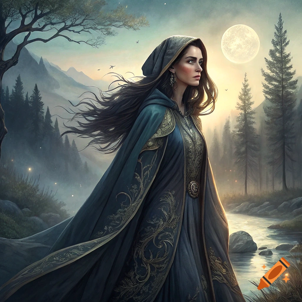 A woman in a hooded cloak stands in a fantasy landscape at dusk with a full moon.