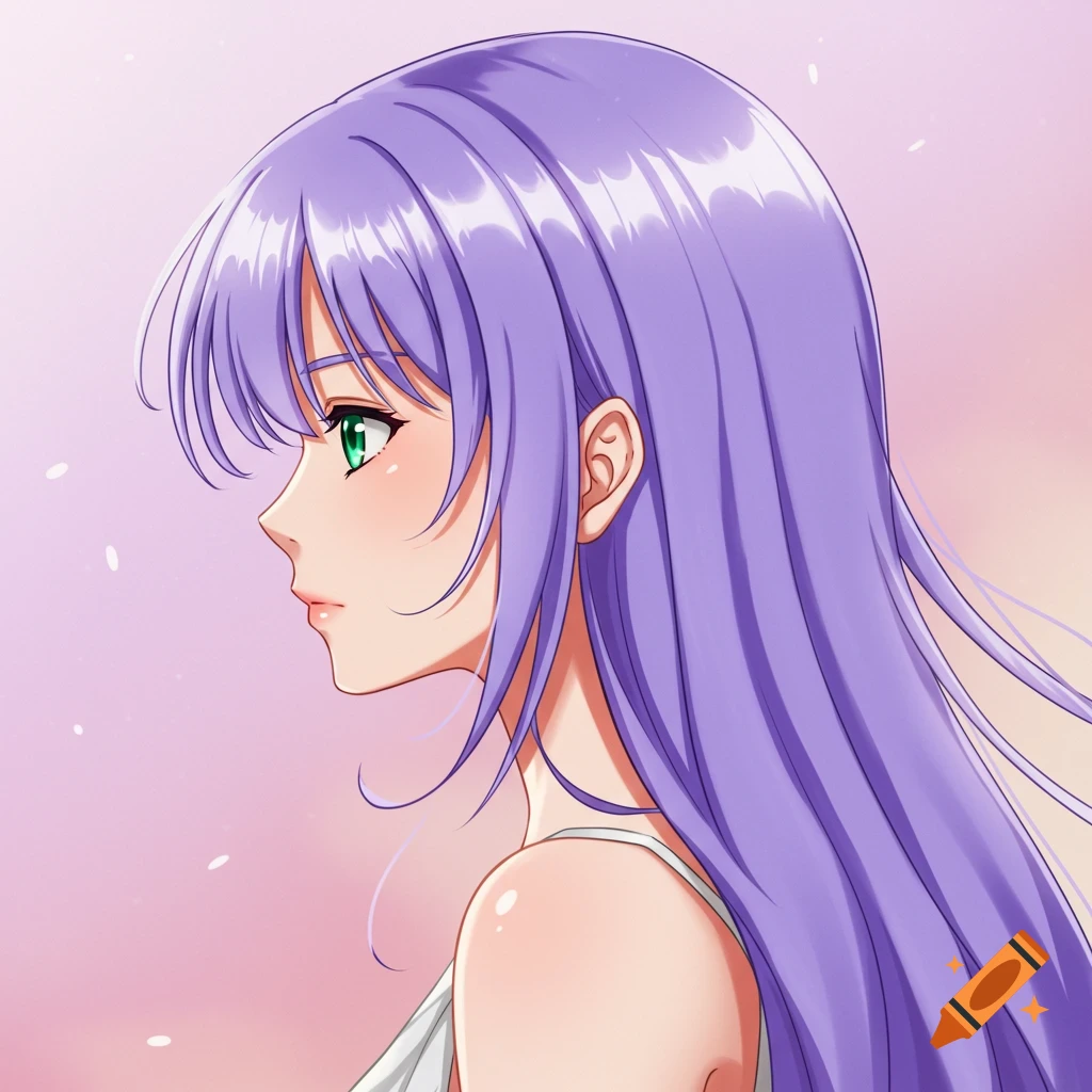 Anime girl side profile with long purple hair and green eyes.
