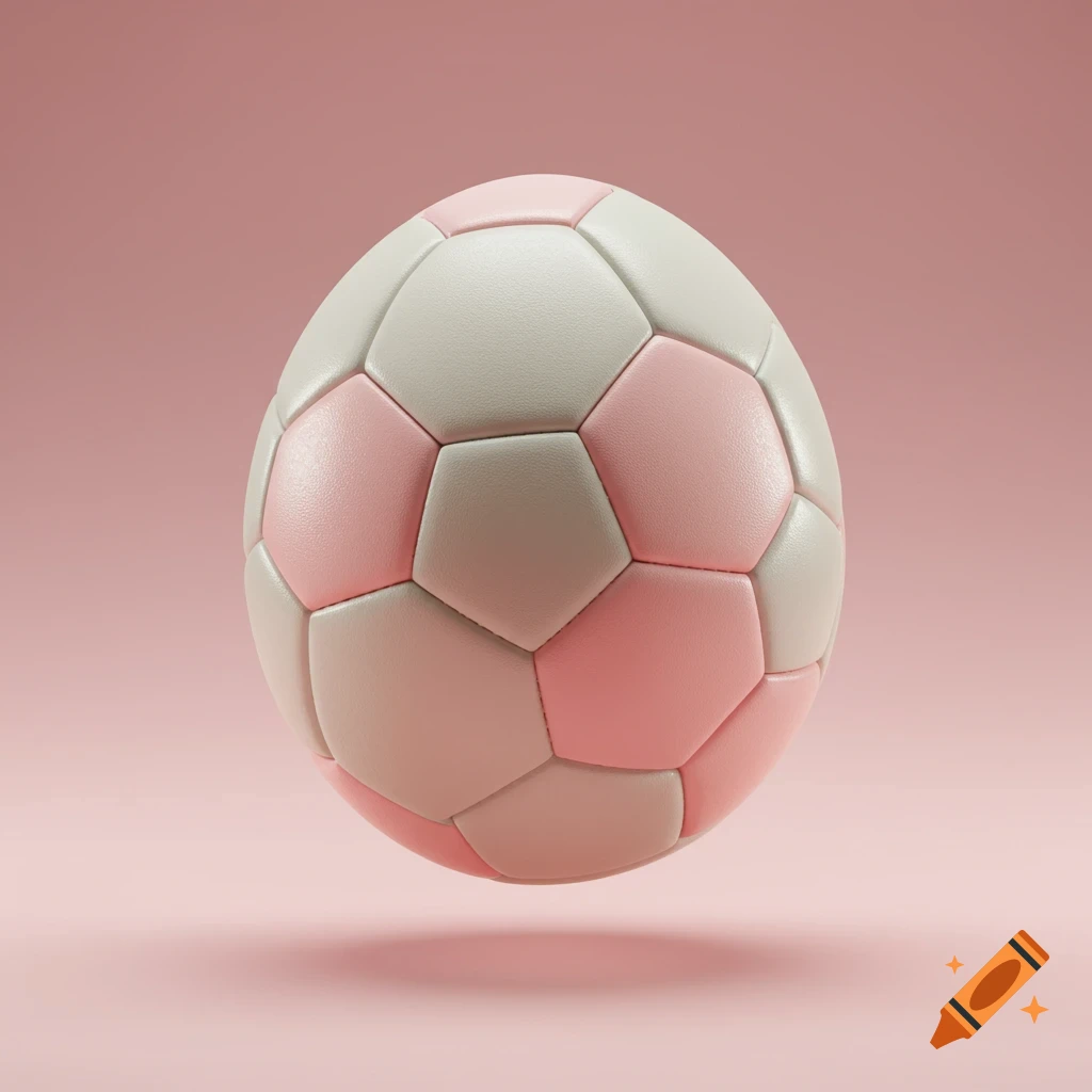 A pink and white soccer ball shaped like an Easter egg floats above a pink surface.
