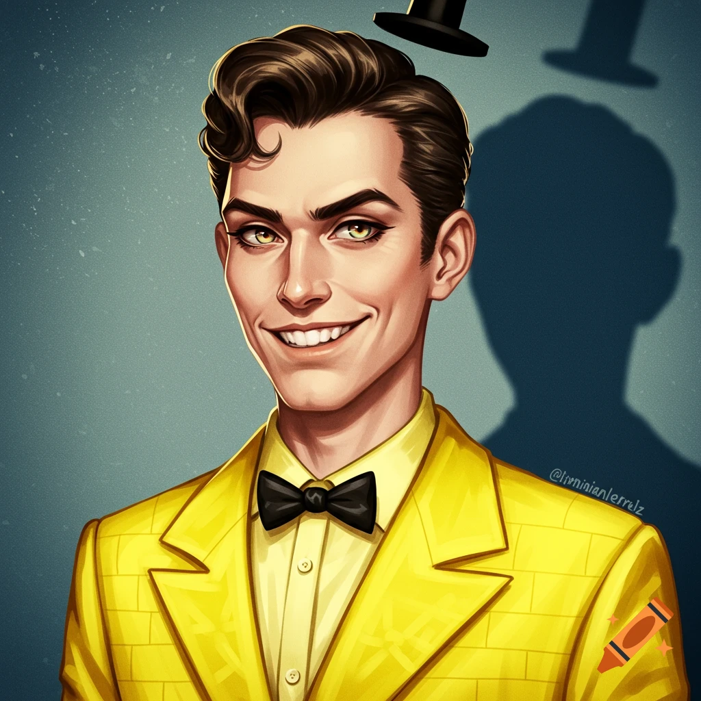 A stylized portrait of a man with yellow eyes and a wide smile, wearing a yellow suit and black bow tie.