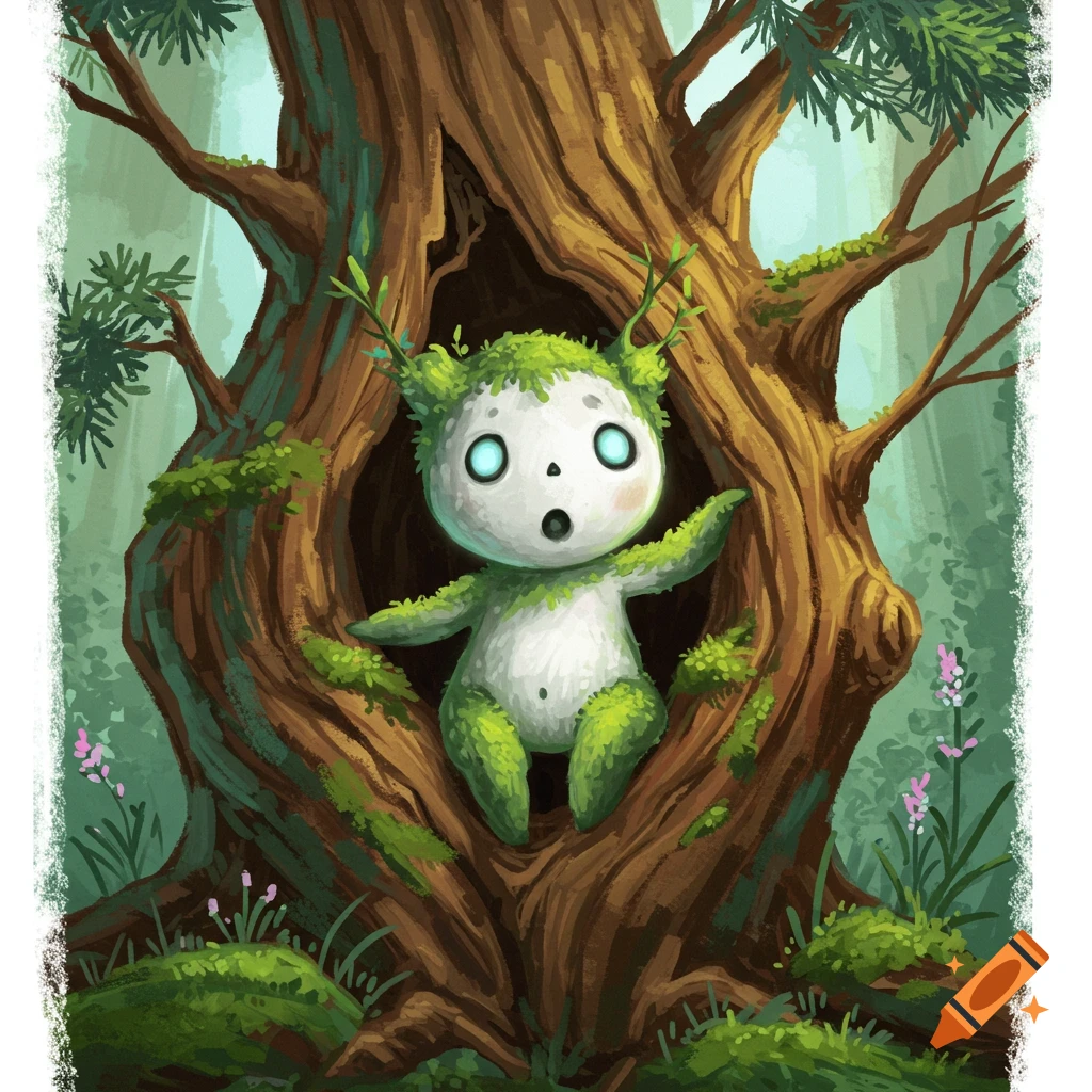 A mossy creature sitting in a tree trunk.